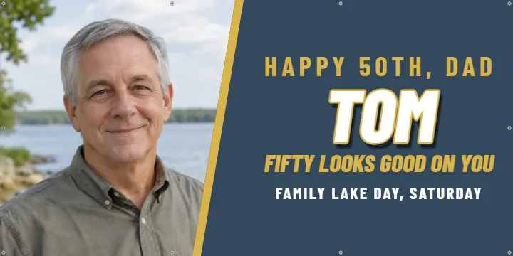 Slate and Gold for Dad: Birthday Photo Banner example, 6 x 3 ft