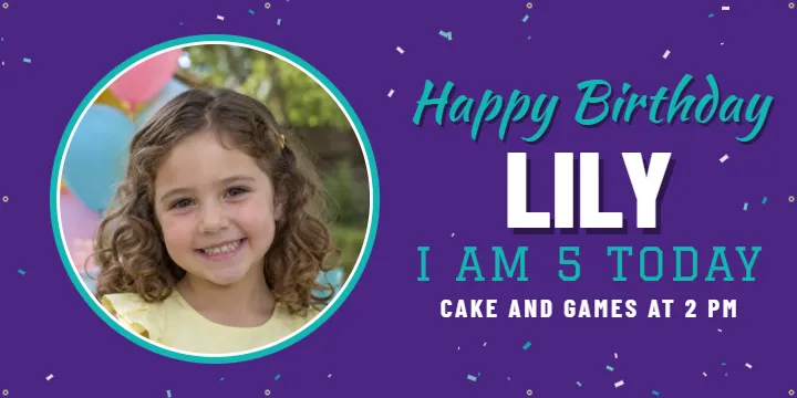 Purple and teal for a fifth: Birthday Photo Banner example, 6 x 3 ft