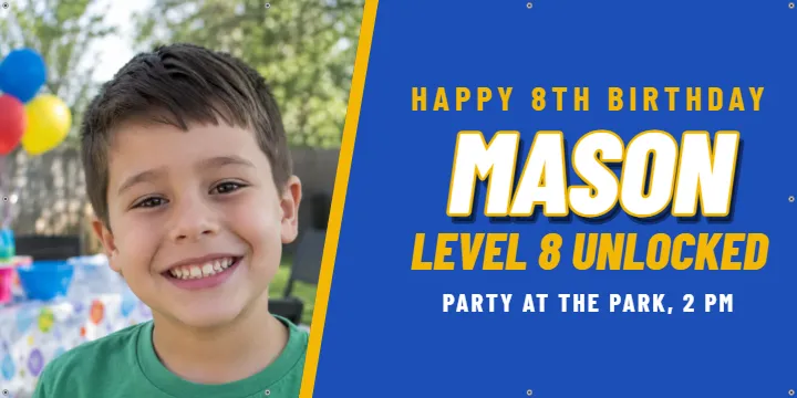 Level 8 gamer party: Birthday Photo Banner example, 6 x 3 ft