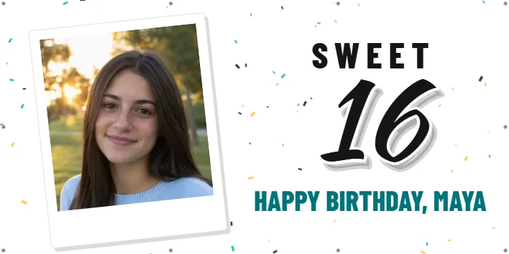 Sweet 16 in teal and black: Birthday Photo Banner example, 6 x 3 ft