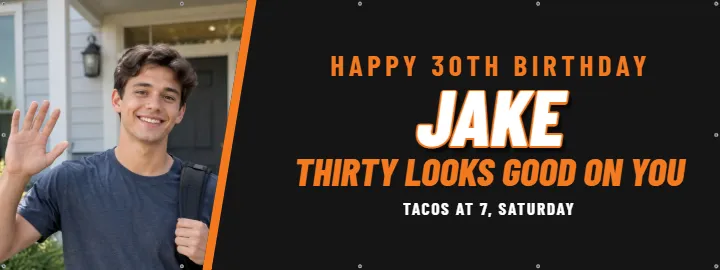 Black and orange 30th: Birthday Photo Banner example, 8 x 3 ft