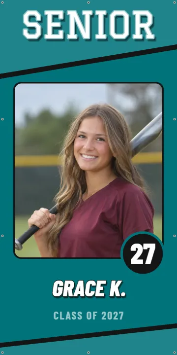 Senior banner with a 27 badge: Senior Banner example, 3 x 6 ft