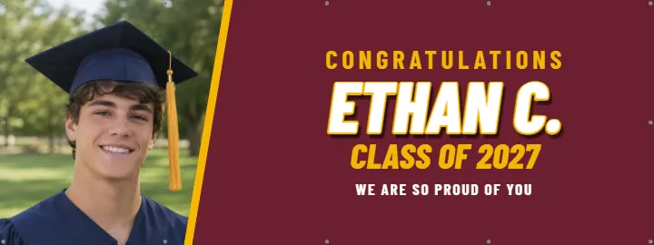 Wide banner with a family line: Graduation Banner example, 8 x 3 ft