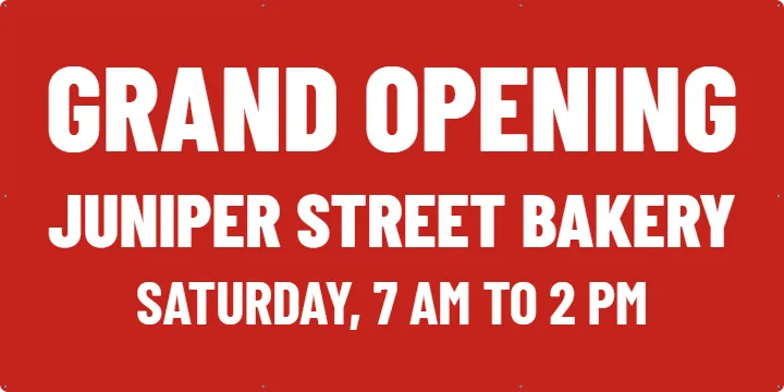 Bakery Opening Day, White on Red: Grand Opening Banner example, 6 x 3 ft