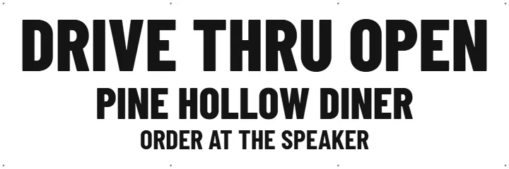 Drive Thru Open, Black on White: Restaurant Banner example, 6 x 2 ft
