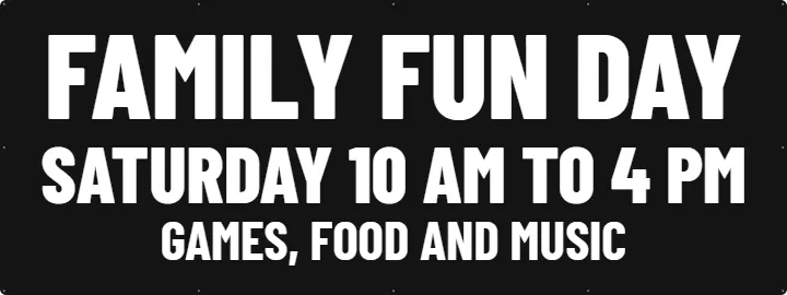 Family fun day on an indoor wall: Custom Vinyl Banner example, 8 x 3 ft