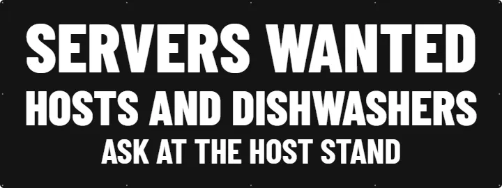 Servers Wanted on Black: Restaurant Banner example, 8 x 3 ft