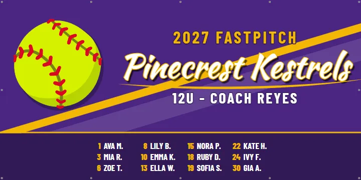 Softball Script With a Full Roster: Softball Team Banner example, 8 x 4 ft