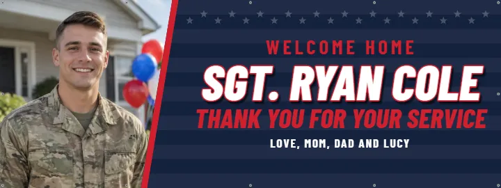 Military homecoming for a son: Welcome Home Banner example, 8 x 3 ft