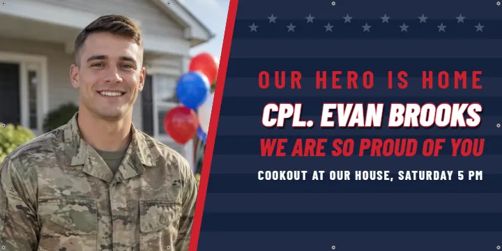 Hero is home party: Welcome Home Banner example, 6 x 3 ft